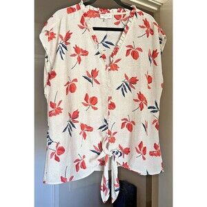 Studio B Women’s 2XL Silky Floral Button-Up Blouse Ruffle Tie Front Shirt